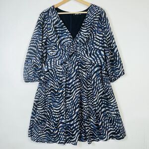 eShakti Blue Grey Stripe 3/4 Sleeve Twist Front Chiffon Custom Dress Women 14 16